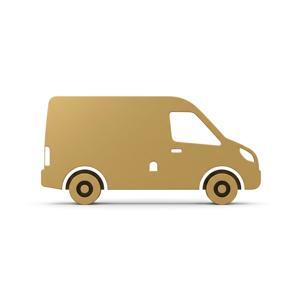 Simple gold delivery van icon with two wheels and windows